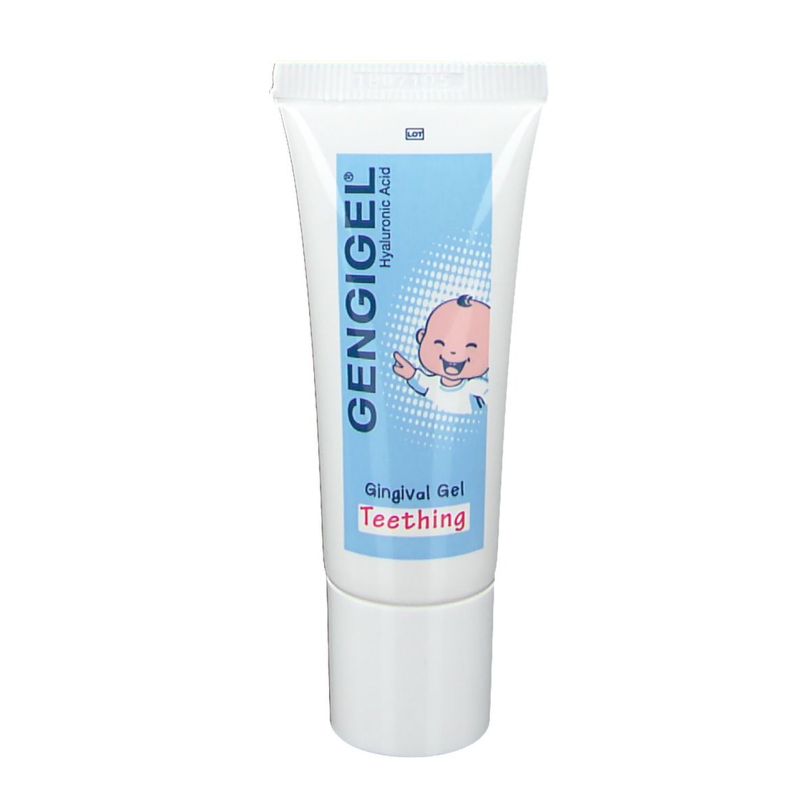 Confezione di gel orale Gengigel. Illustrazione bambino. Testo: 1° dentini, acido ialuronico.