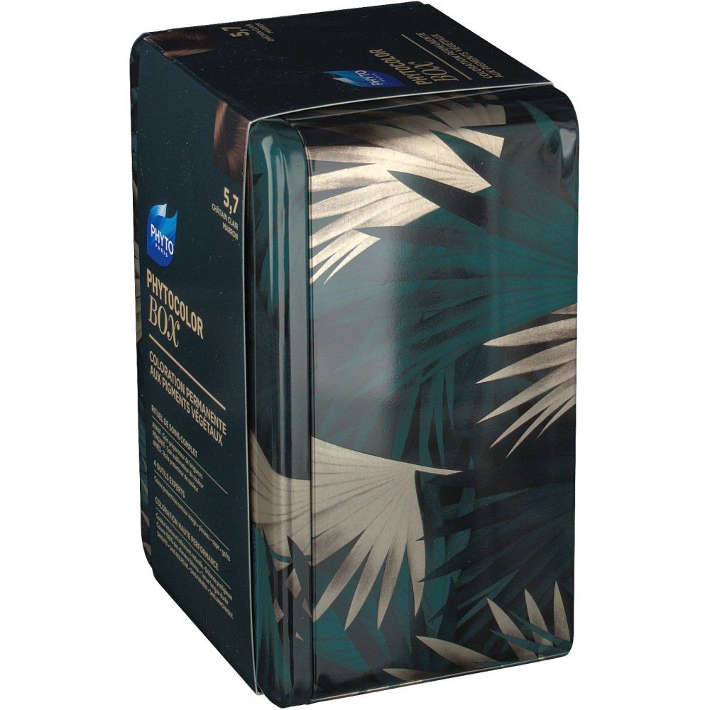 Scatola Phyto Phytocolor. Stampa verde. Testo: 5,7 Châtain Clair Marron. Logo Phyto Paris. Vista laterale della scatola con motivo floreale.