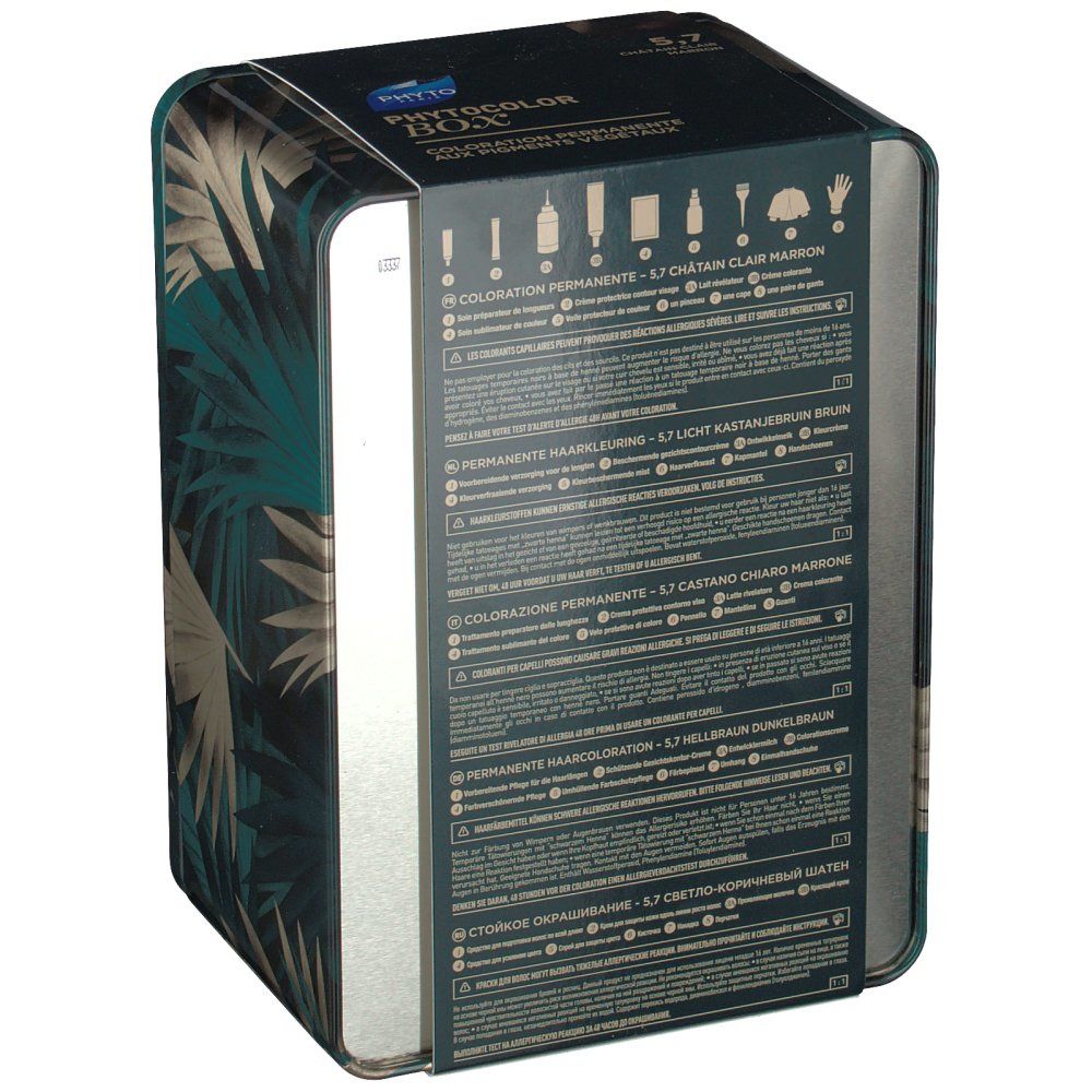 Scatola Phyto Phytocolor. Retro con informazioni prodotto e ingredienti. Testo multilingue. Illustrazioni accessori.