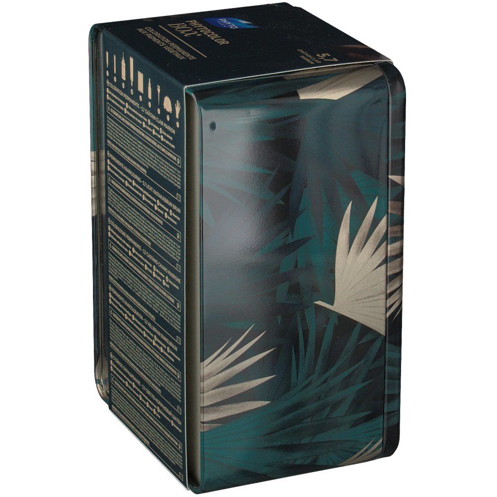 Scatola Phyto Phytocolor. Stampa verde. Vista laterale con motivo floreale. Testo: informazioni prodotto. Logo Phyto Paris.