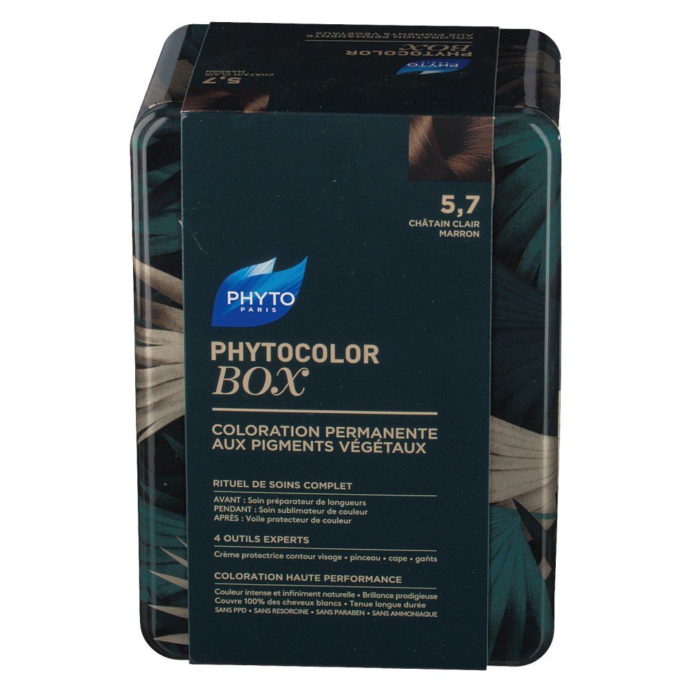 Scatola Phyto Phytocolor. Stampa verde con informazioni prodotto. Testo: 5,7 Châtain Clair Marron. Logo Phyto Paris. Contiene 4 strumenti esperti.