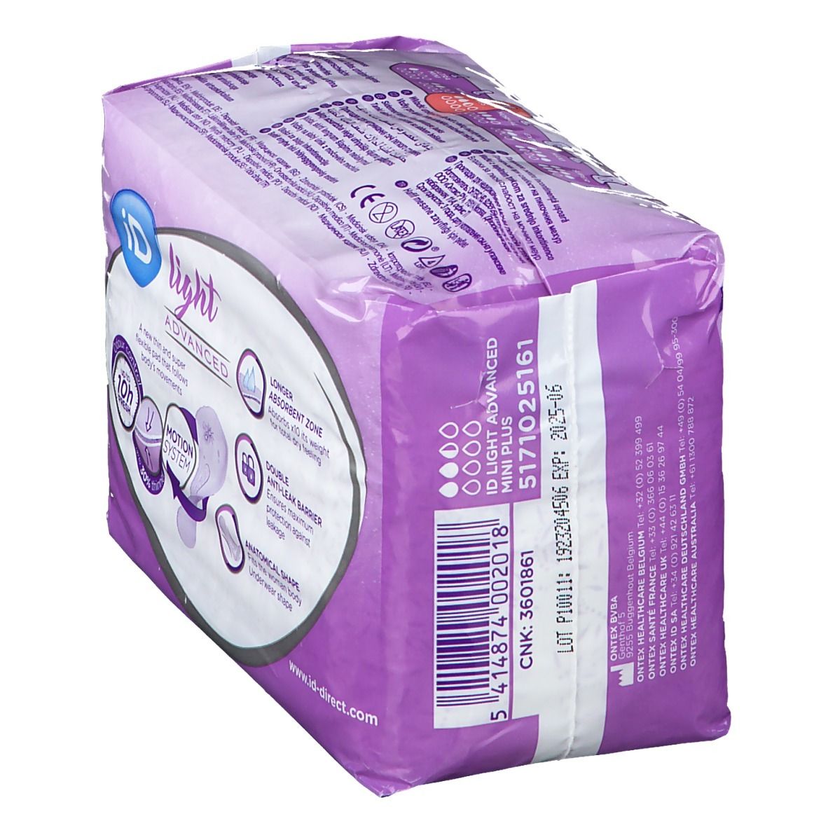 Lato confezione iD Light Advanced. Informazioni prodotto, codice a barre, numero di lotto. Mini Plus, 5171025161.