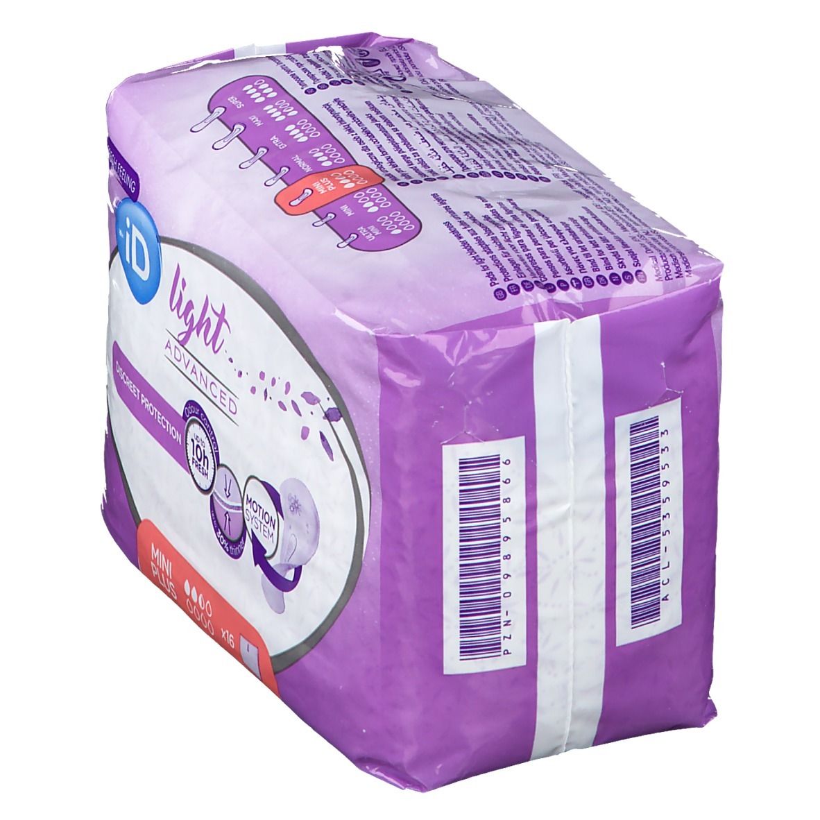 Lato confezione iD Light Advanced. Informazioni prodotto, codice a barre. Mini Plus, protezione discreta.