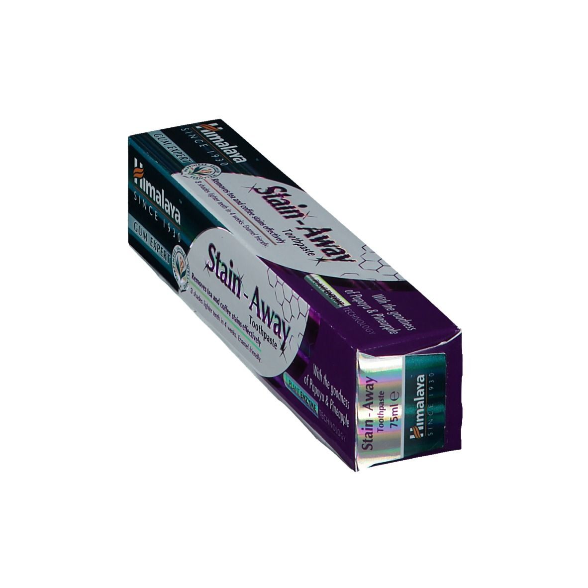 Confezione di dentifricio "Himalaya Stain-Away" in diagonale. Scatola verde-viola. Rimuove le macchie di tè e caffè. 75ml.