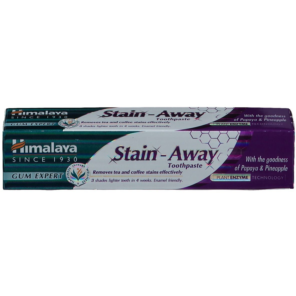 Confezione di dentifricio "Himalaya Stain-Away". Scatola verde-viola. Rimuove le macchie di tè e caffè. Contiene papaya e ananas.