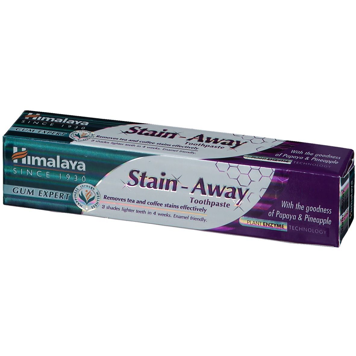 Confezione di dentifricio "Himalaya Stain-Away". Scatola verde-viola. Rimuove le macchie di tè e caffè. Contiene papaya e ananas.