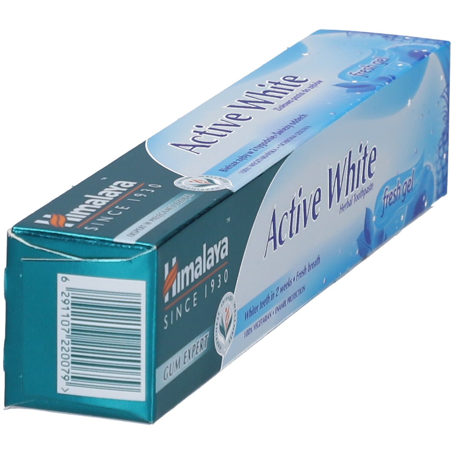 Confezione di dentifricio "Active White" Himalaya. Colori blu e bianco. Testo e logo.