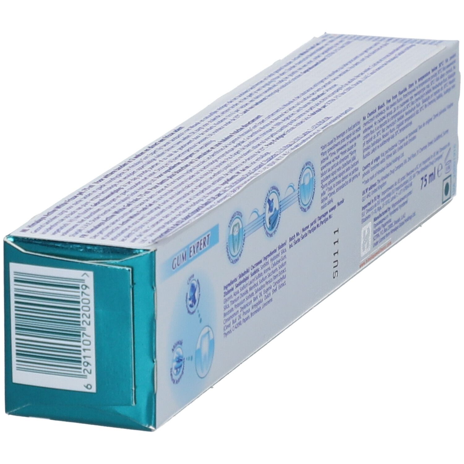 Vista obliqua del retro della confezione di dentifricio "Active White". Testo, loghi e codice a barre.