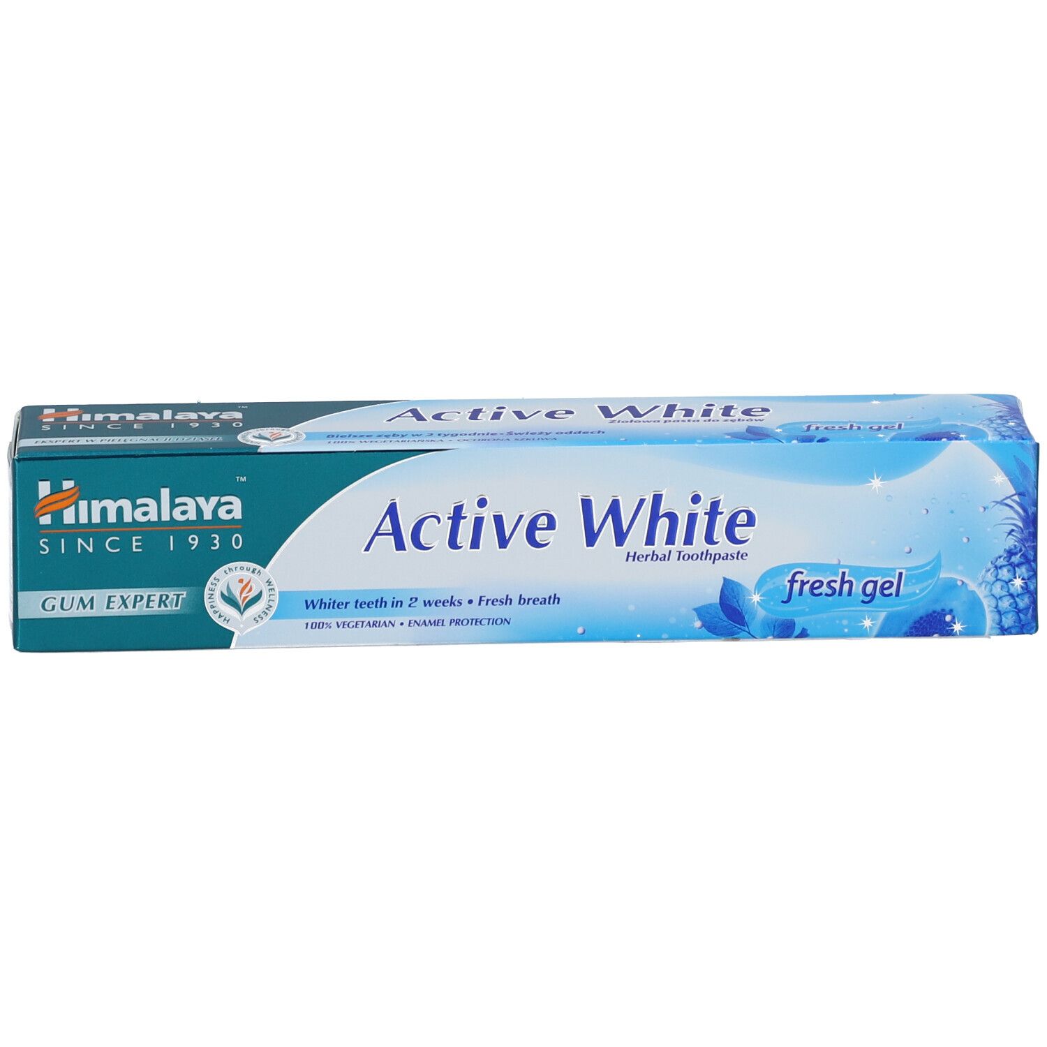 Confezione di dentifricio "Active White" Himalaya. Colori blu e bianco. Testo e logo.