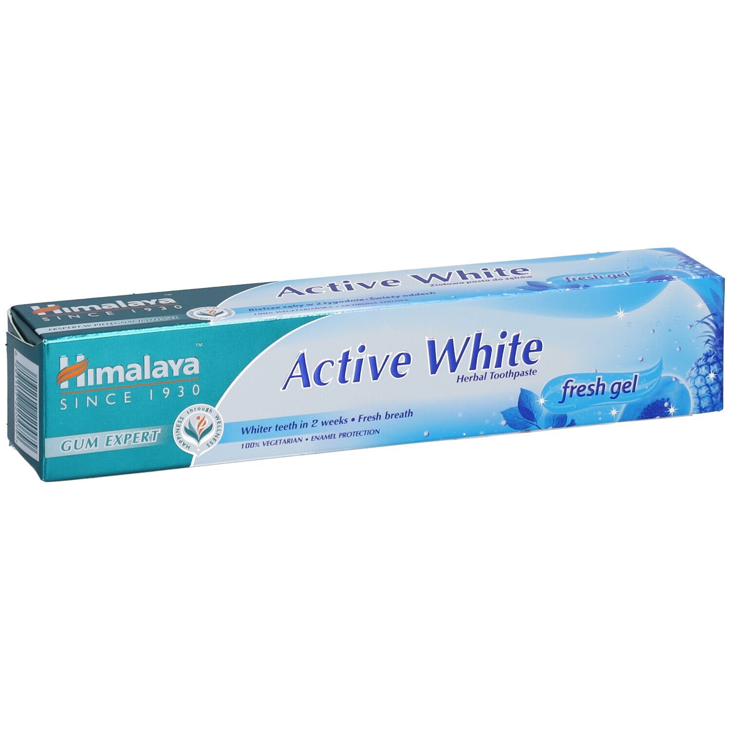 Confezione di dentifricio "Active White" Himalaya. Colori blu e bianco. Testo e logo.