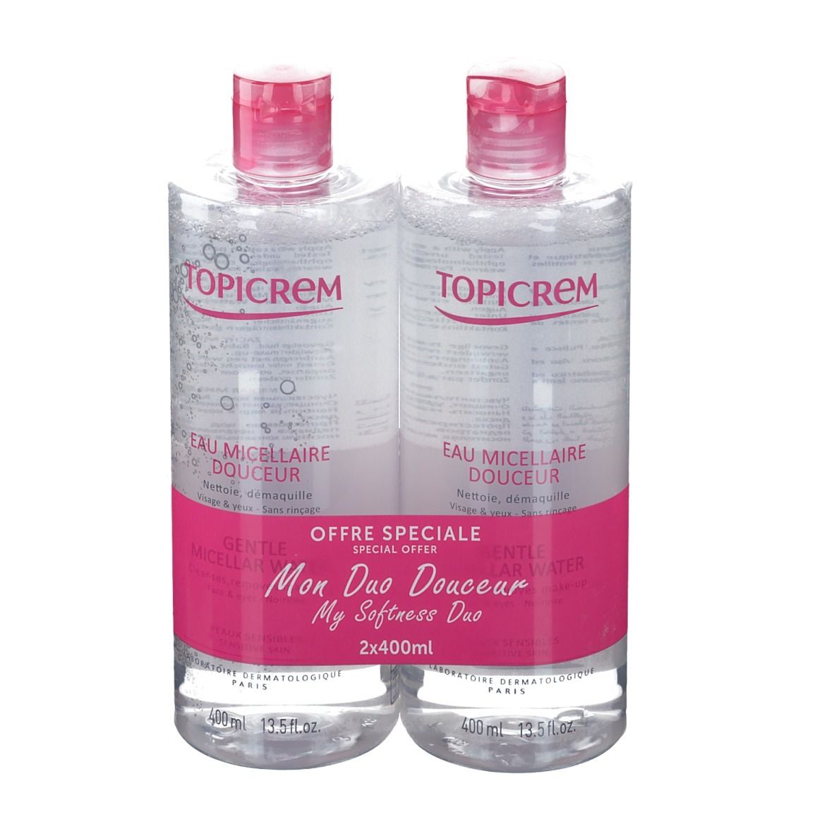 Due flaconi di acqua micellare, etichetta rosa, logo TOPICREM. Confezione "Mon Duo Douceur".