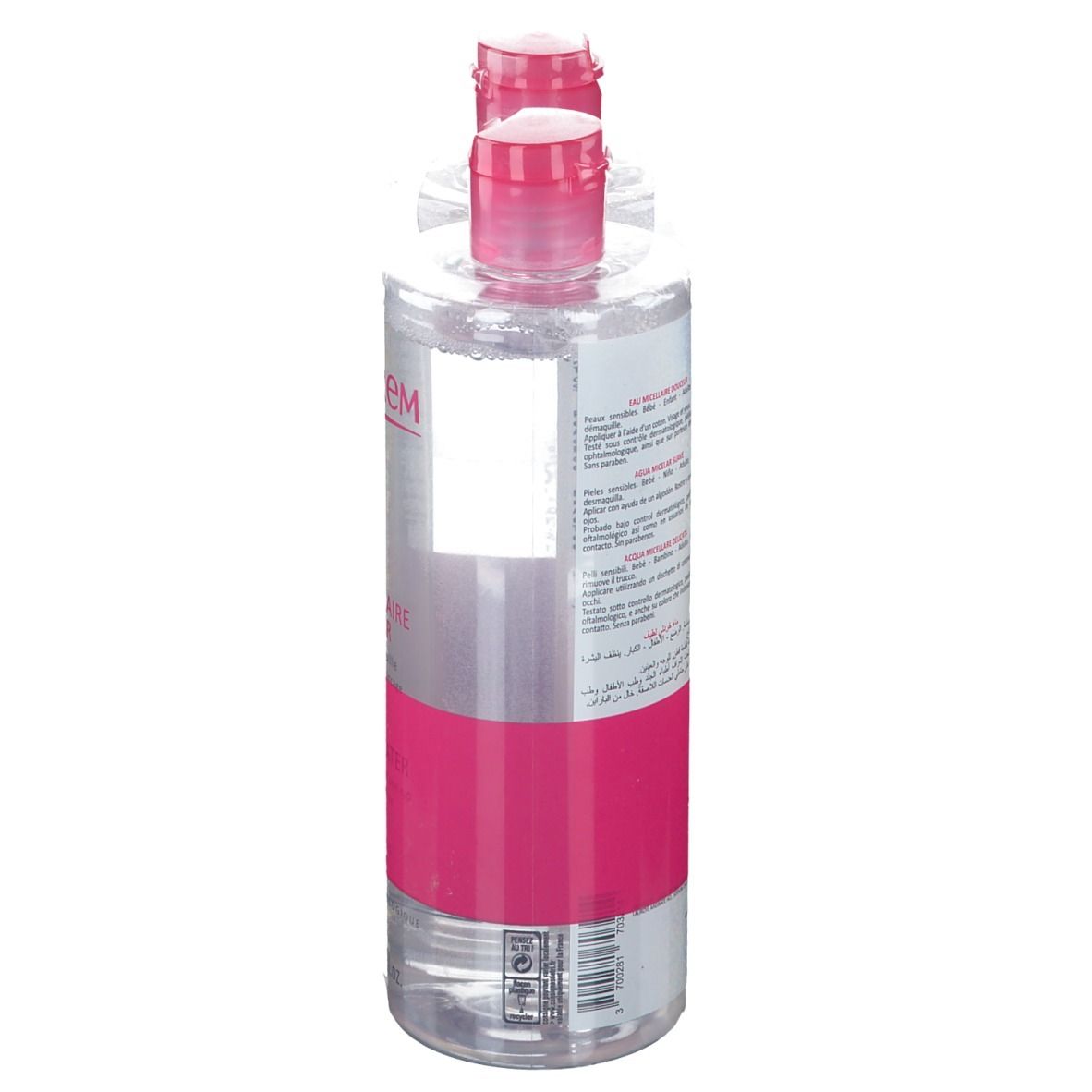 Due flaconi di acqua micellare, etichetta rosa, logo TOPICREM. Vista posteriore, flaconi trasparenti.