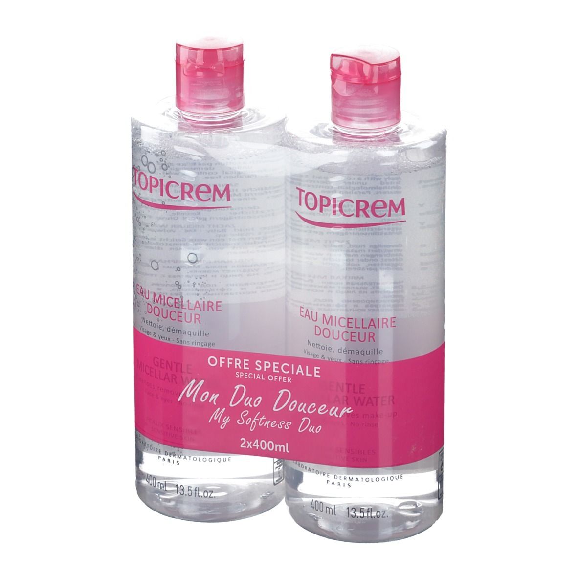 Due flaconi di acqua micellare, etichetta rosa, logo TOPICREM. Confezione "Mon Duo Douceur".