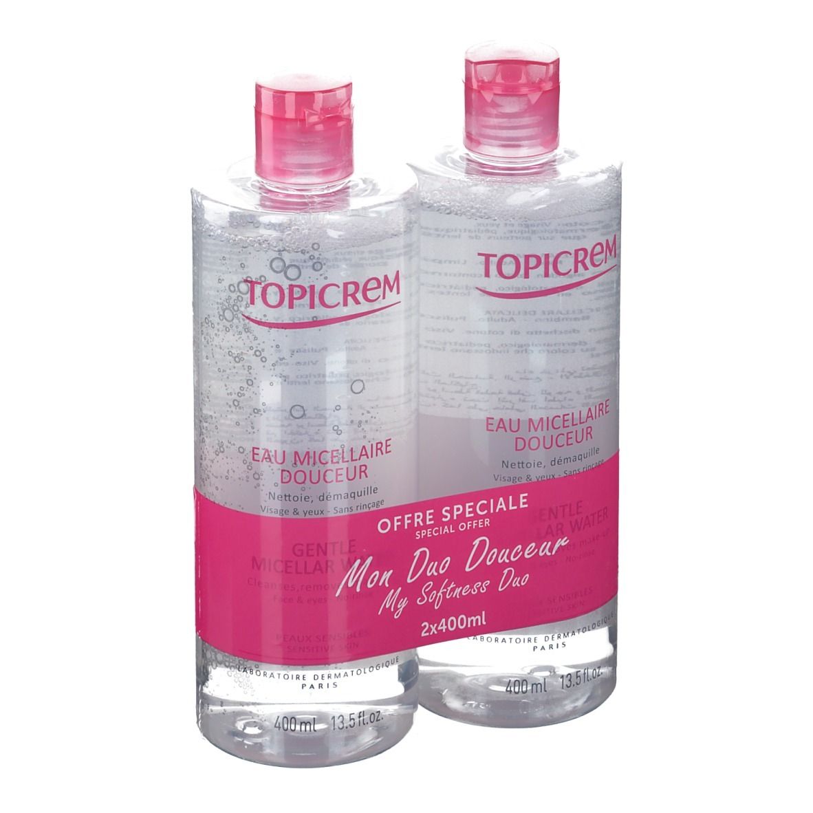 Due flaconi di acqua micellare, etichetta rosa, logo TOPICREM. Confezione "Mon Duo Douceur".