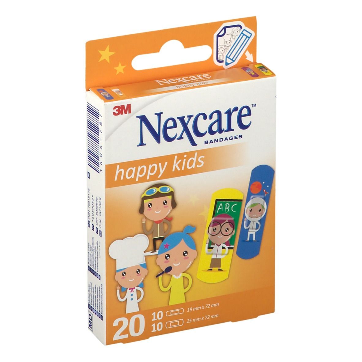 Confezione da 20 cerotti Nexcare happy kids. Illustrazioni di personaggi. 10 cerotti 19x72mm, 10 cerotti 25x72mm.