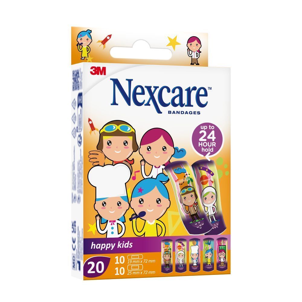 Retro confezione con informazioni prodotto. Nexcare happy kids. Testi e simboli multilingue.
