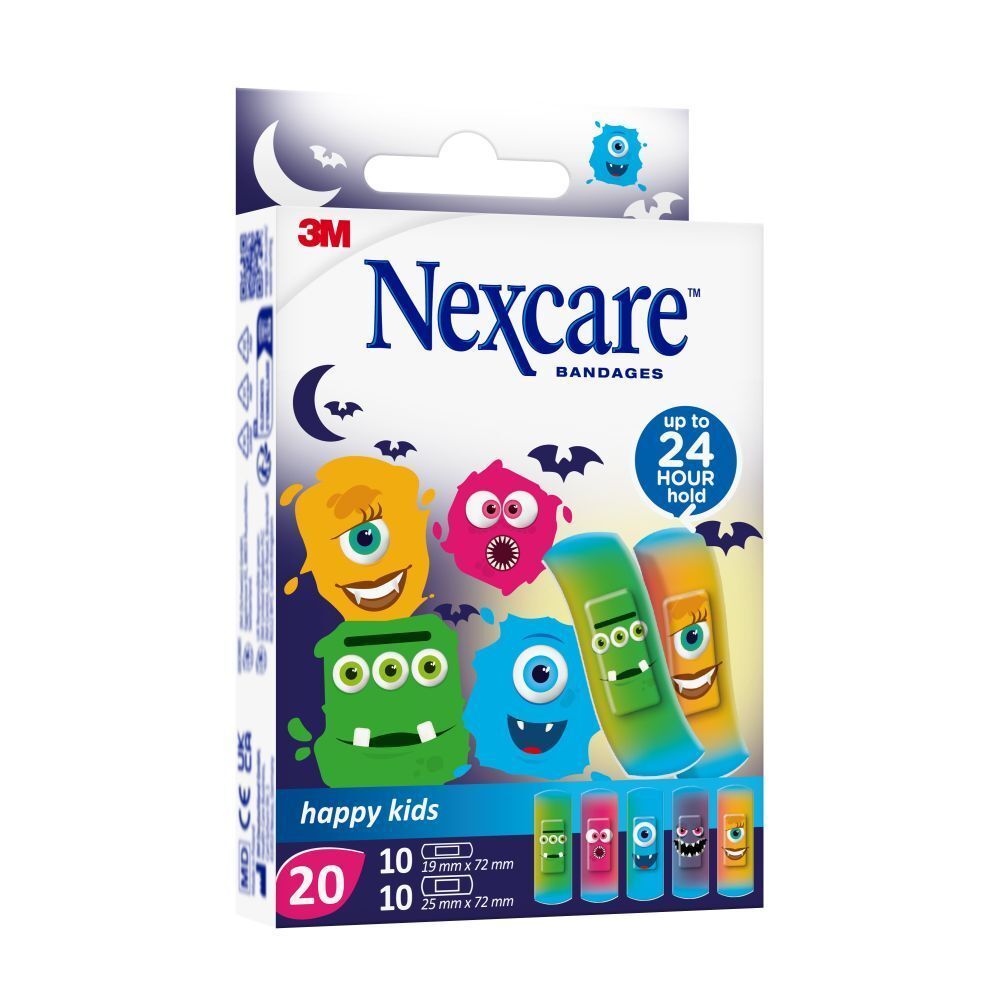 Retro della confezione dei cerotti Nexcare happy kids. Informazioni in tedesco, italiano, olandese e francese.