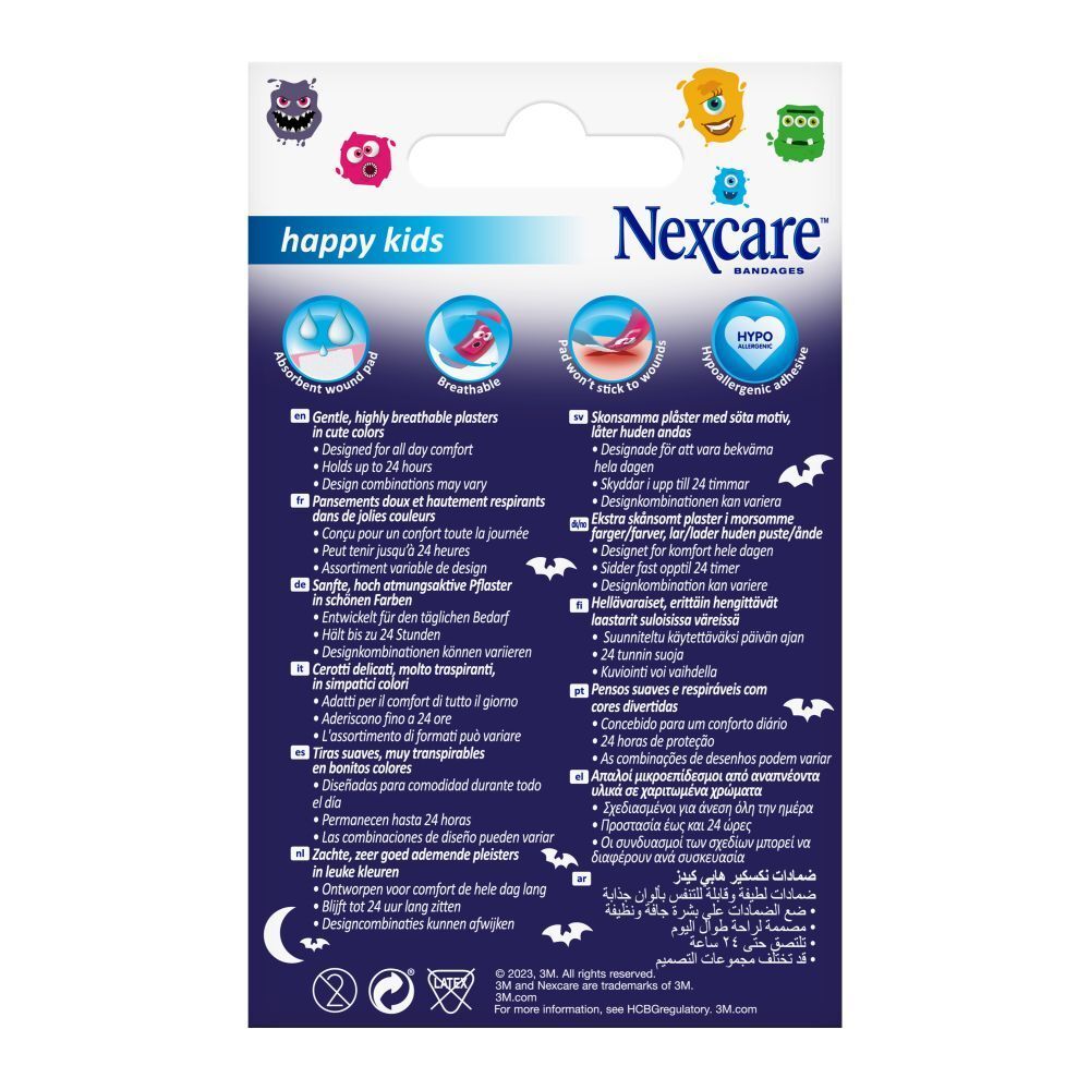 Retro della confezione dei cerotti Nexcare happy kids. Informazioni in tedesco, italiano, olandese e francese.