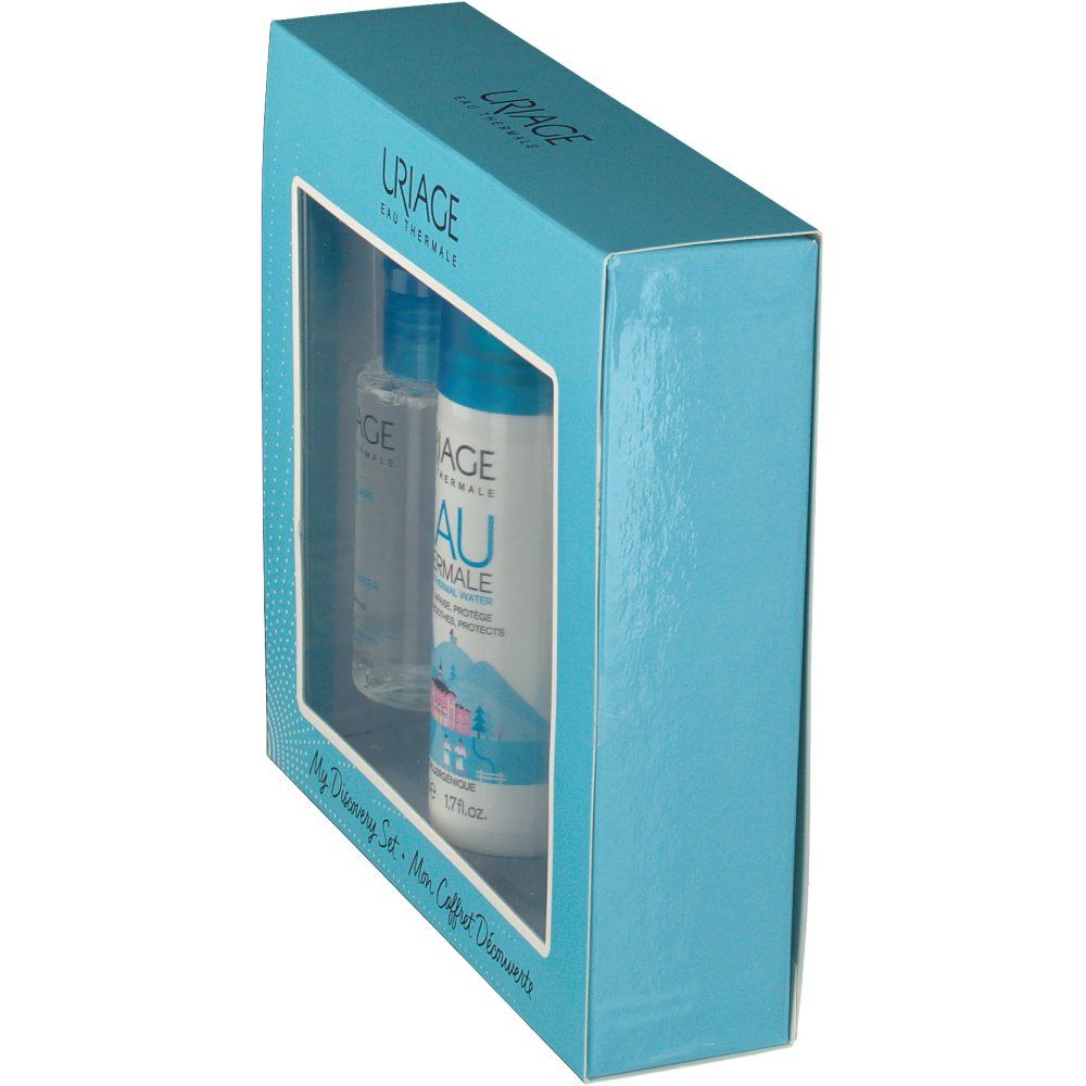 Scatola azzurra con due prodotti Uriage. Finestra mostra flaconi. Scritta Uriage Eau Thermale.