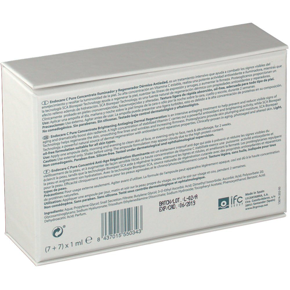 Retro della scatola bianca. Testo multilingue. Codice a barre, numero di lotto, data di scadenza.