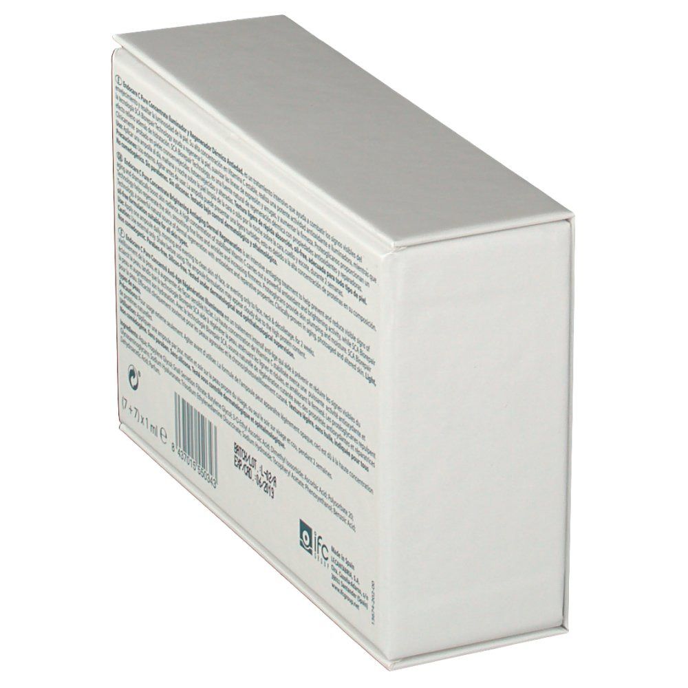 Vista obliqua della scatola bianca. Testo multilingue. Codice a barre, numero di lotto, data di scadenza.