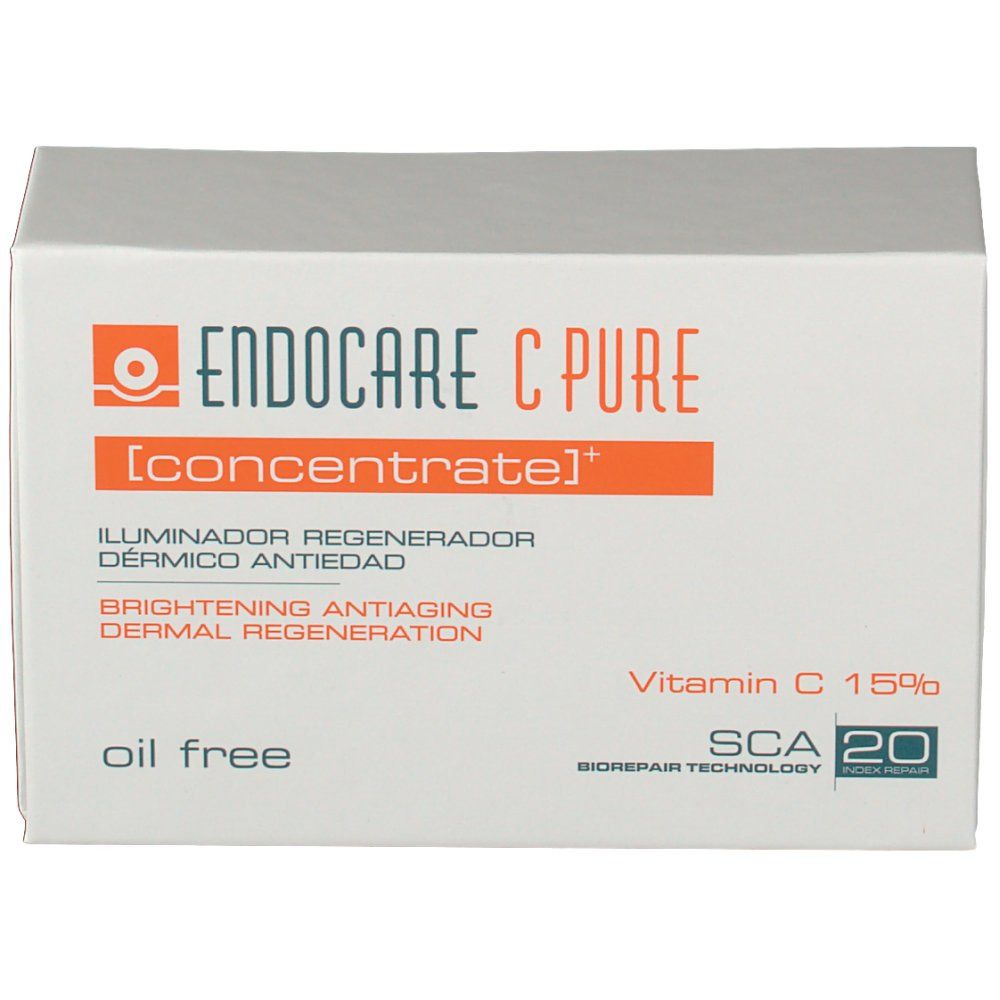 Scatola bianca con fascia arancione. Scritto: Endocare C Pure Concentrate, Vitamina C 15%, SCA 20.