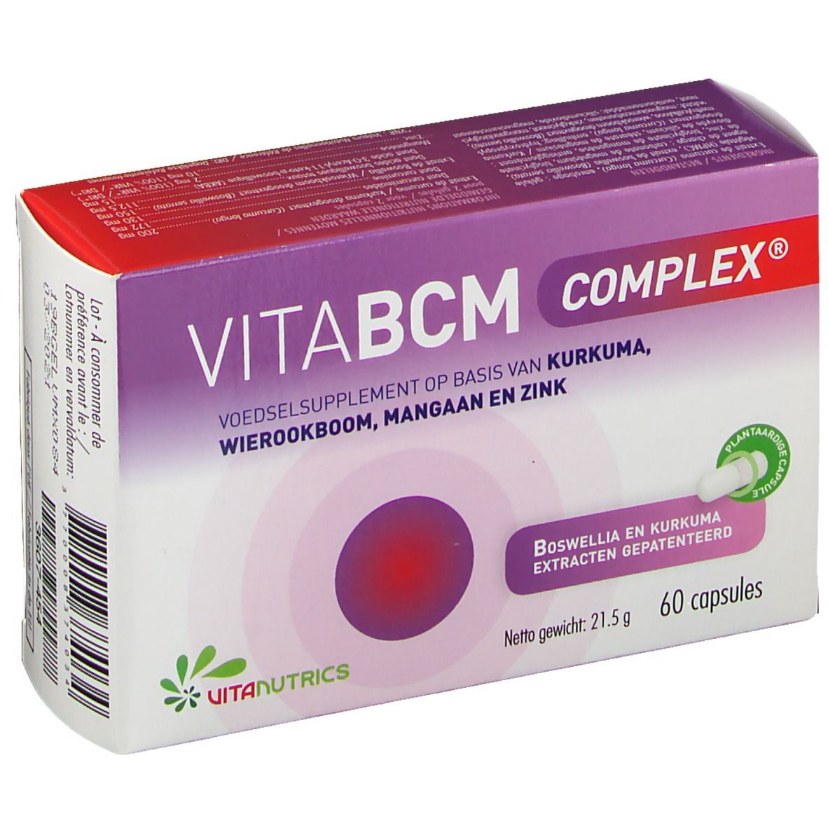 Scatola VitaBCM COMPLEX. Scritto: Integratore alimentare a base di curcuma, boswellia, manganese e zinco. 60 capsule. Dettaglio ingredienti.