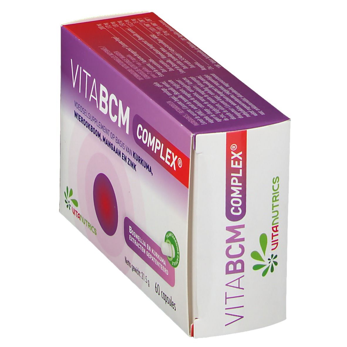 Scatola VitaBCM COMPLEX, angolata. Scritto: Integratore alimentare a base di curcuma, boswellia, manganese e zinco. 60 capsule.