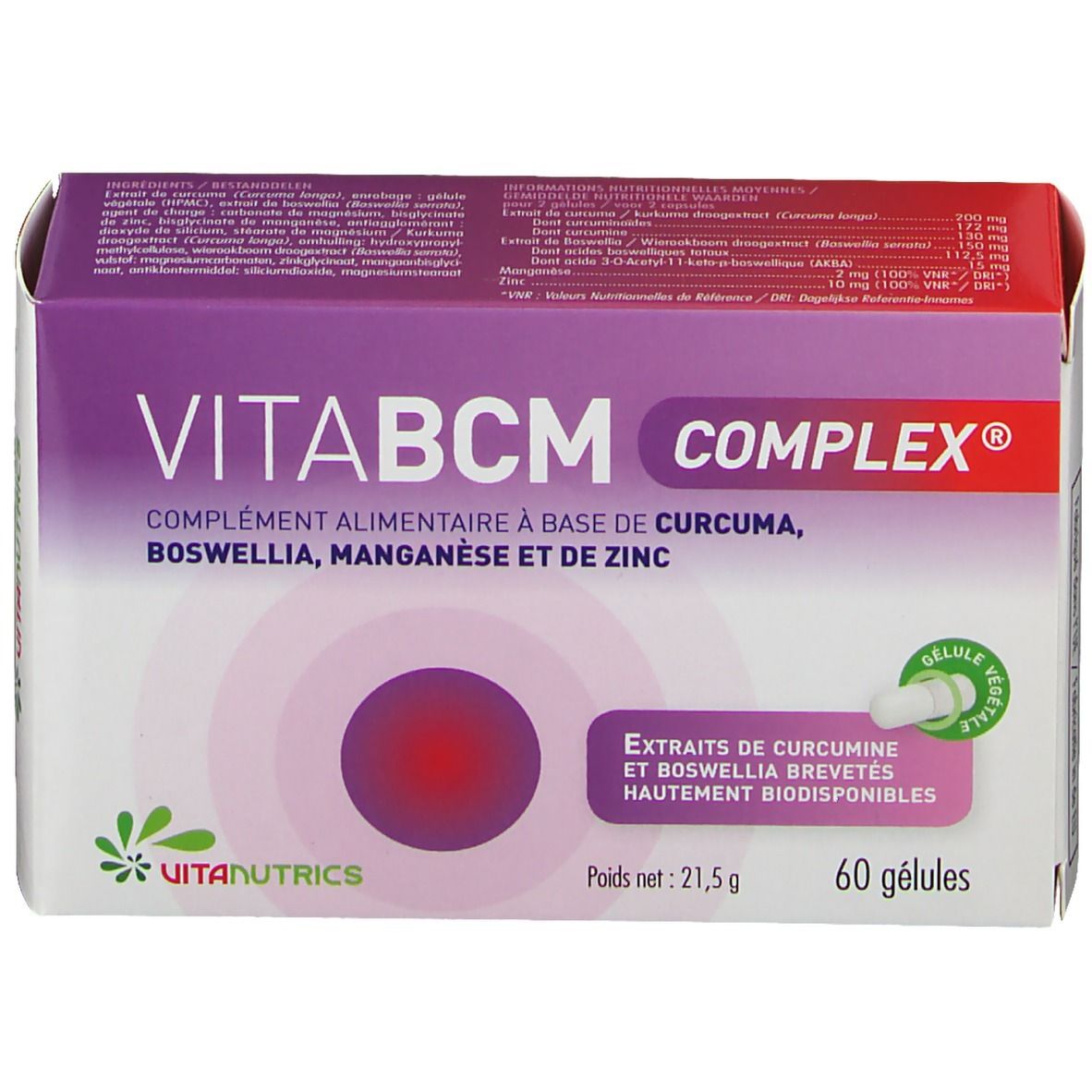 Scatola VitaBCM COMPLEX. Scritto: Integratore alimentare a base di curcuma, boswellia, manganese e zinco. 60 capsule. Dettaglio ingredienti.