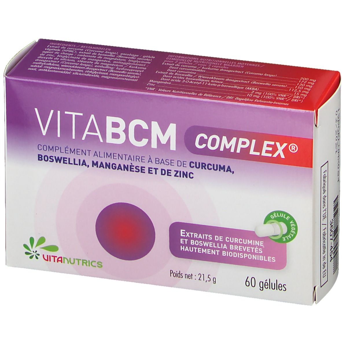 Scatola VitaBCM COMPLEX. Scritto: Integratore alimentare a base di curcuma, boswellia, manganese e zinco. 60 capsule. Dettaglio ingredienti.