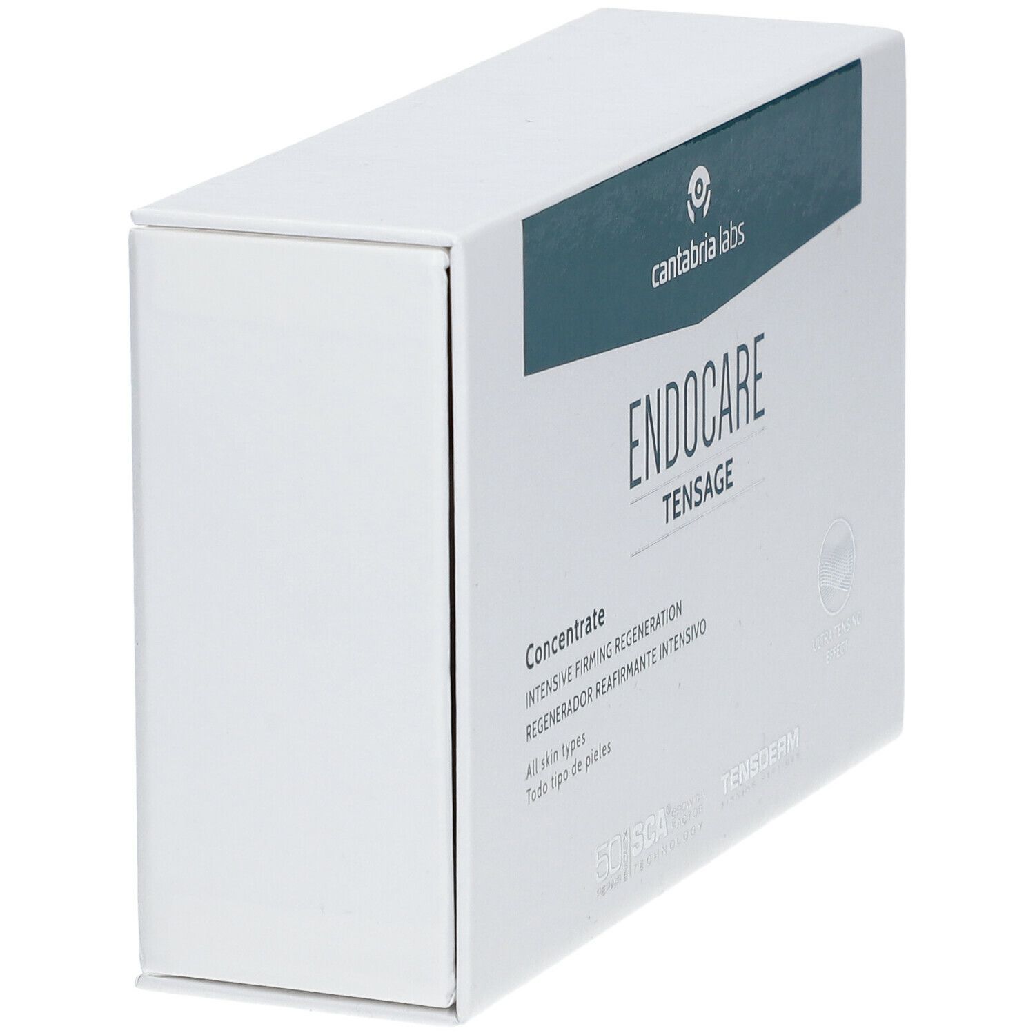 Scatola bianca con fascia verde-azzurra. Sulla scatola si legge "ENDOCARE tensage Concentrate" e "cantabria labs".