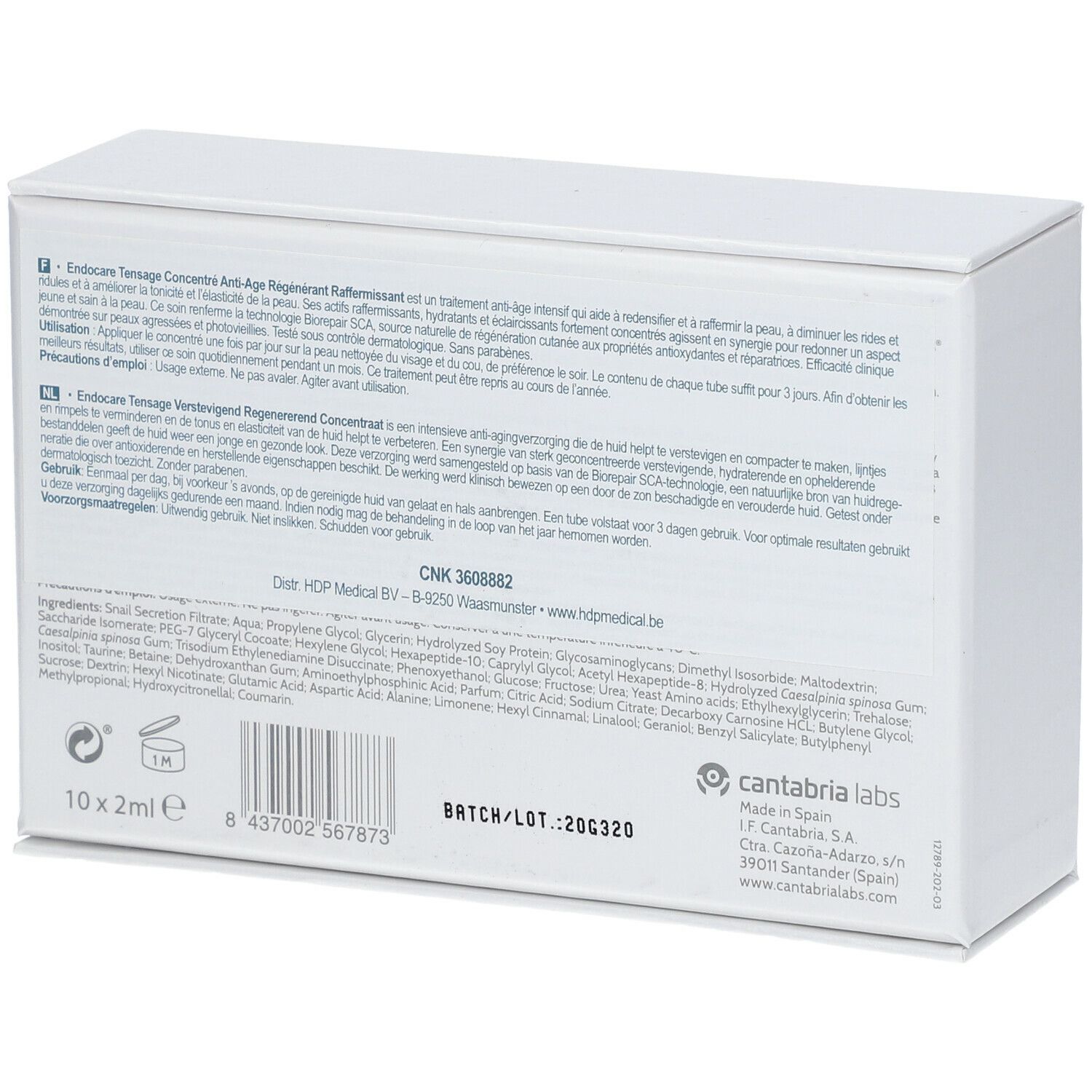 Retro di una scatola bianca con testo. Contiene informazioni sul prodotto e sugli ingredienti.