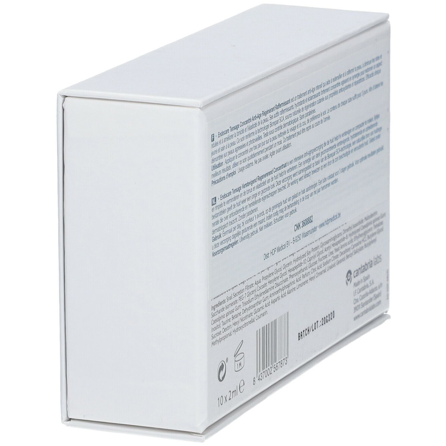 Retro di una scatola bianca con testo. Contiene informazioni sul prodotto e sugli ingredienti.