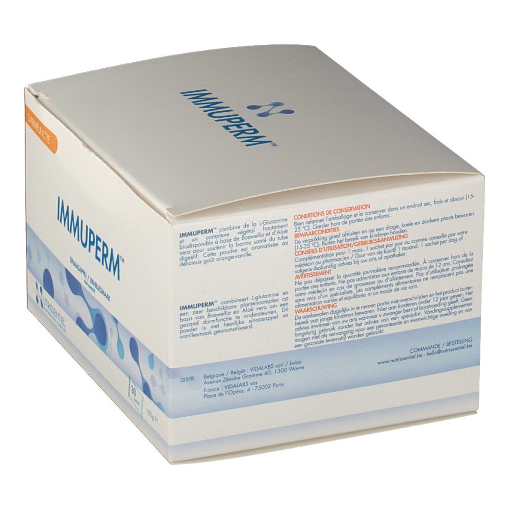 Confezione Immuperm. Scatola bianca e blu con nome e logo del prodotto. Informazioni sull'uso e la conservazione. Testo multilingue.