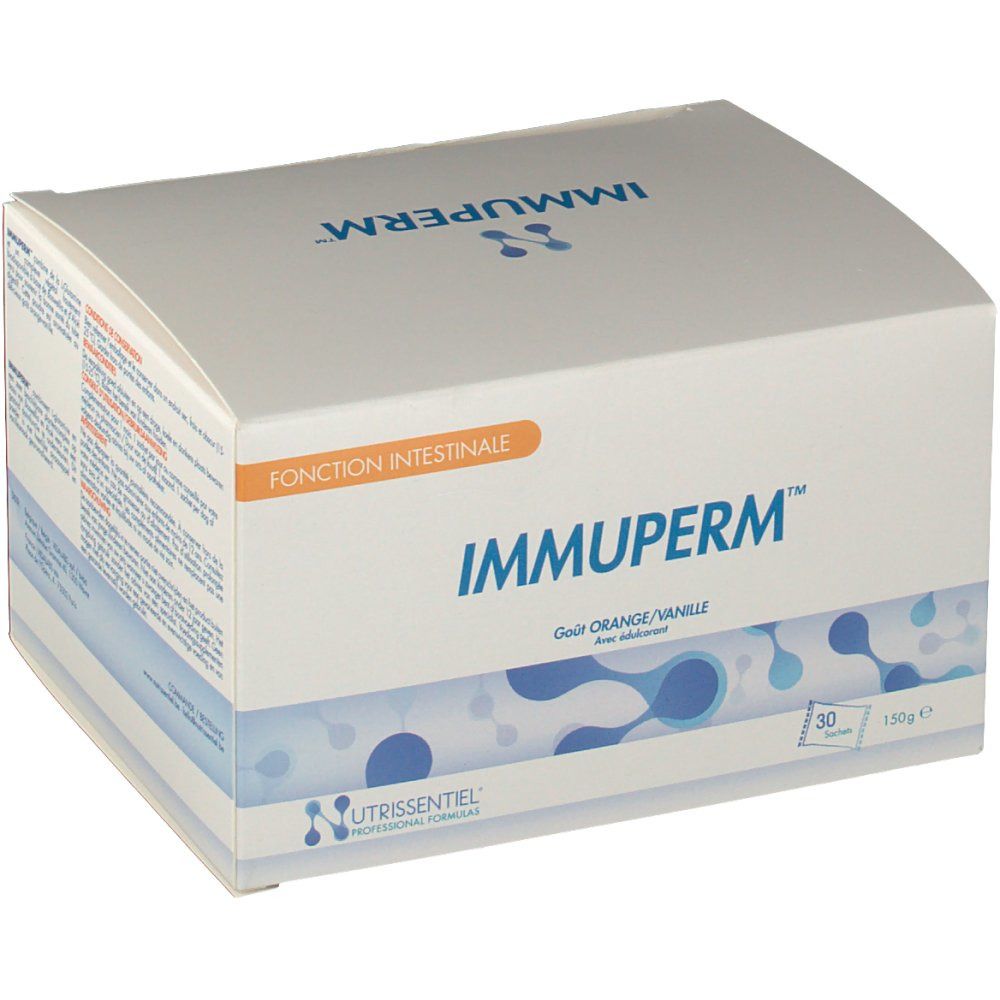 Confezione Immuperm. Scatola bianca e blu con nome e logo del prodotto. Gusto arancia/vaniglia. Contiene 30 bustine. Funzione intestinale.