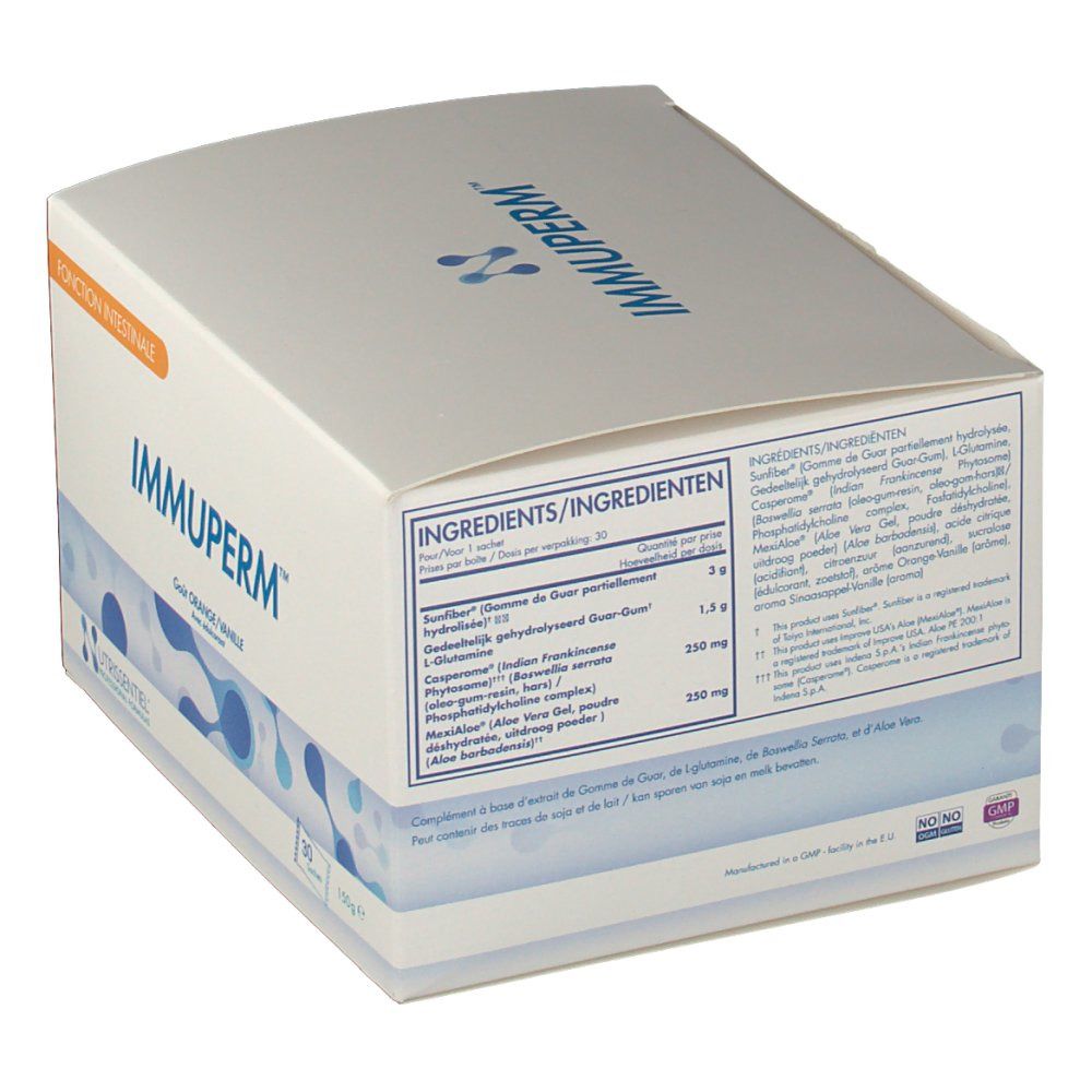 Confezione Immuperm. Scatola bianca e blu con nome e logo del prodotto. Elenco ingredienti. Gusto arancia/vaniglia. 30 bustine.