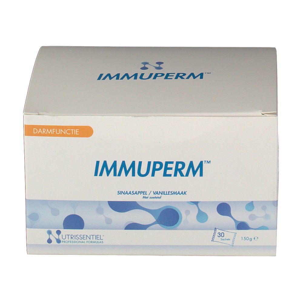 Confezione Immuperm. Scatola bianca e blu con nome e logo del prodotto. Contiene 30 bustine. Gusto arancia/vaniglia. Funzione intestinale.