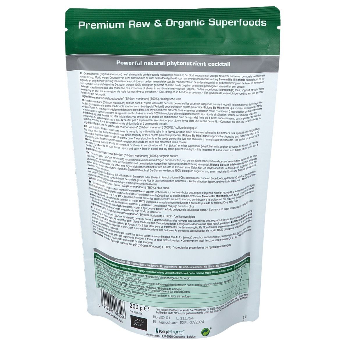 Retro della confezione Biotona Milk Thistle. Testo multilingue. In basso: 200 g, logo Bio UE.