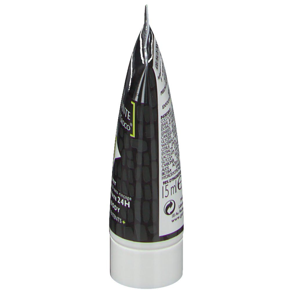 Tubo di crema, bianco e nero, con informazioni sul prodotto e ingredienti. 15 ml.