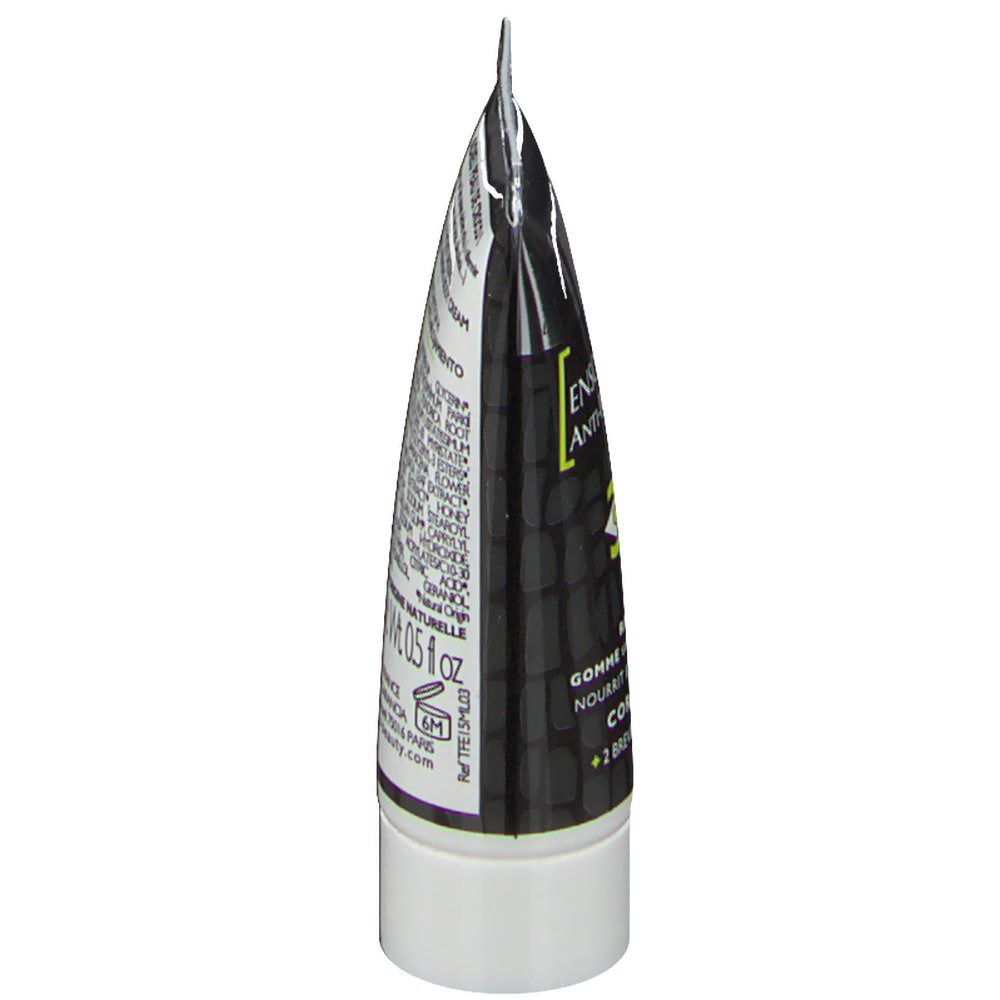 Tubo di crema, bianco e nero, con informazioni sul prodotto e ingredienti. 15 ml.