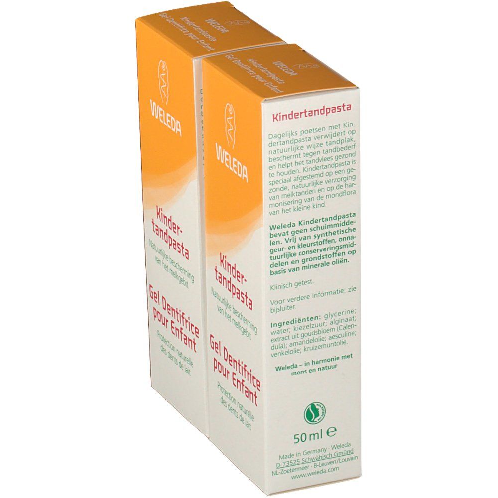 Due scatole, vista laterale. Scritta: WELEDA, Kinderzahnpasta, Gel Dentifrice pour Enfant. Testo e ingredienti. Arancione e bianco.