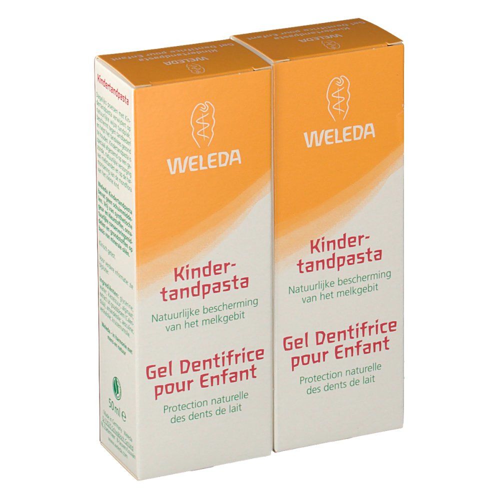 Due scatole. Scritta: WELEDA, Kinderzahnpasta, Gel Dentifrice pour Enfant. Colori arancione e bianco. Indicazione 50ml.