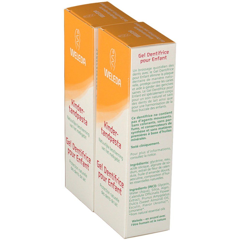 Due scatole, vista laterale. Scritta: WELEDA, Kinderzahnpasta, Gel Dentifrice pour Enfant. Testo e ingredienti. Arancione e bianco.