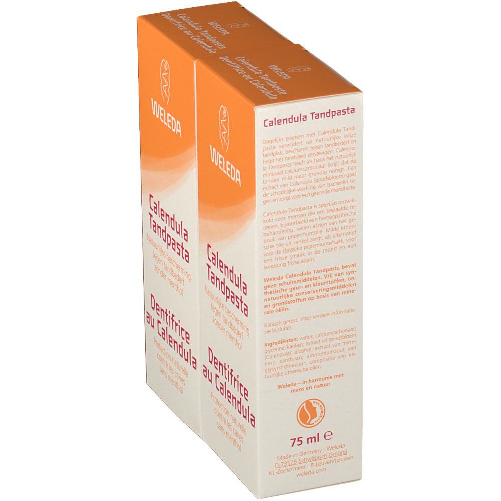 Due scatole arancioni con "WELEDA" e "Calendula Tandpasta". Retro con testo in tedesco e olandese. 75 ml.