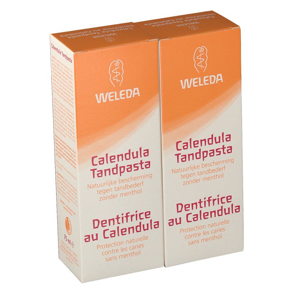 Due scatole arancioni con "WELEDA" e "Calendula Tandpasta". Testo in tedesco, francese e olandese. Senza mentolo.