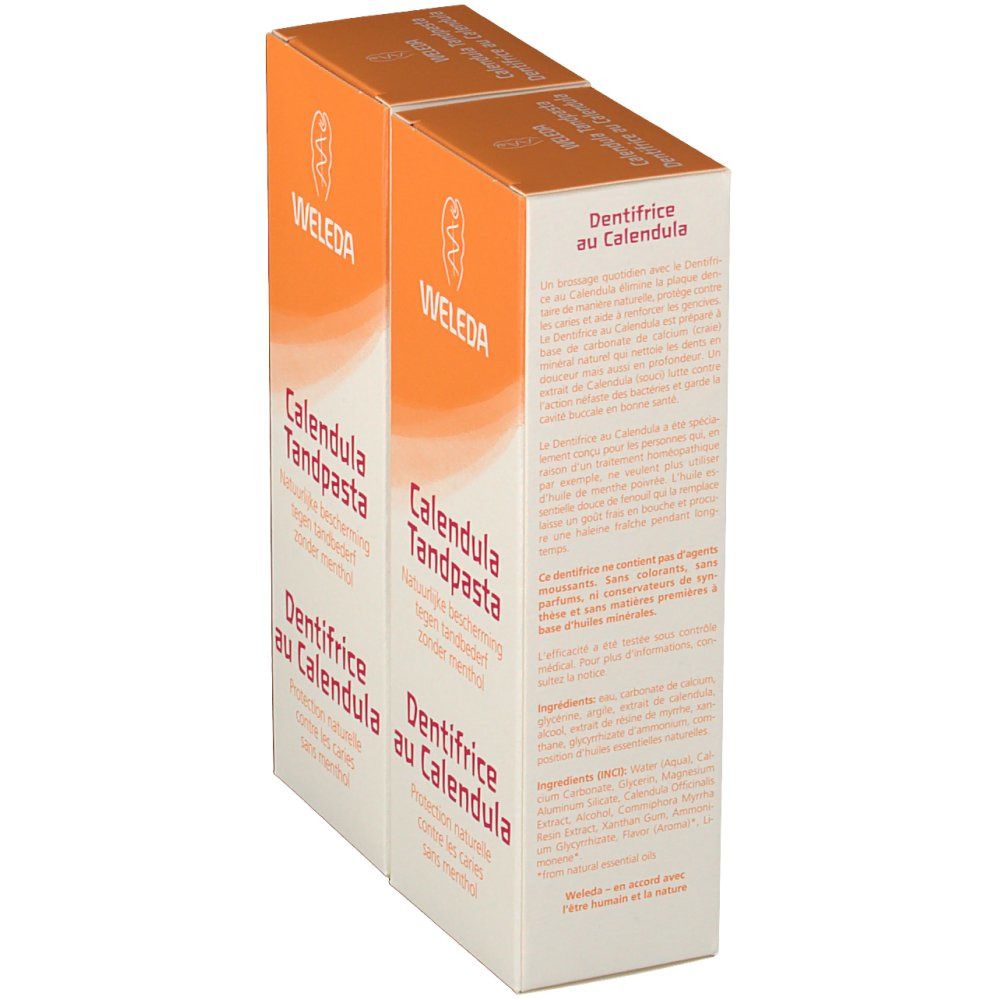 Due scatole arancioni con "WELEDA" e "Calendula Tandpasta". Retro con testo in tedesco e olandese. Ingredienti.