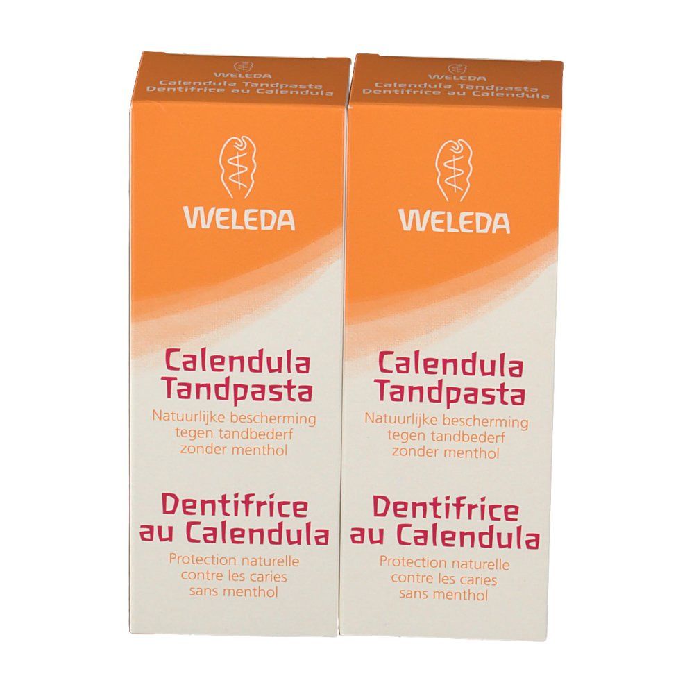 Due scatole arancioni con "WELEDA" e "Calendula Tandpasta". Testo in tedesco, francese e olandese. Senza mentolo.