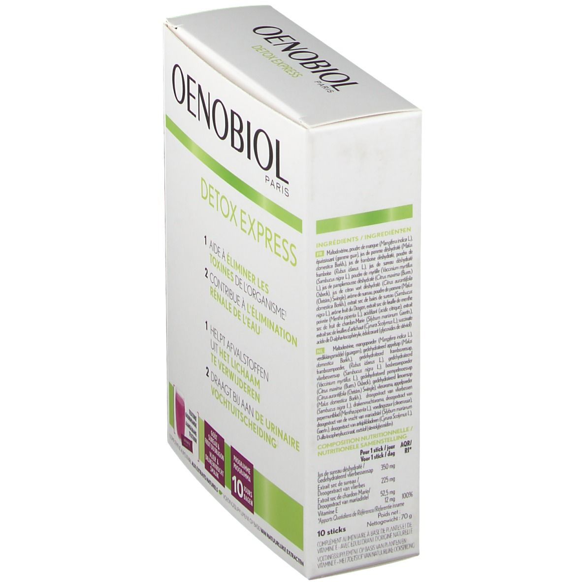 Confezione Oenobiol Detox Express. Scatola bianca con testo e informazioni. Dettagli verdi. Retro con informazioni sul prodotto.