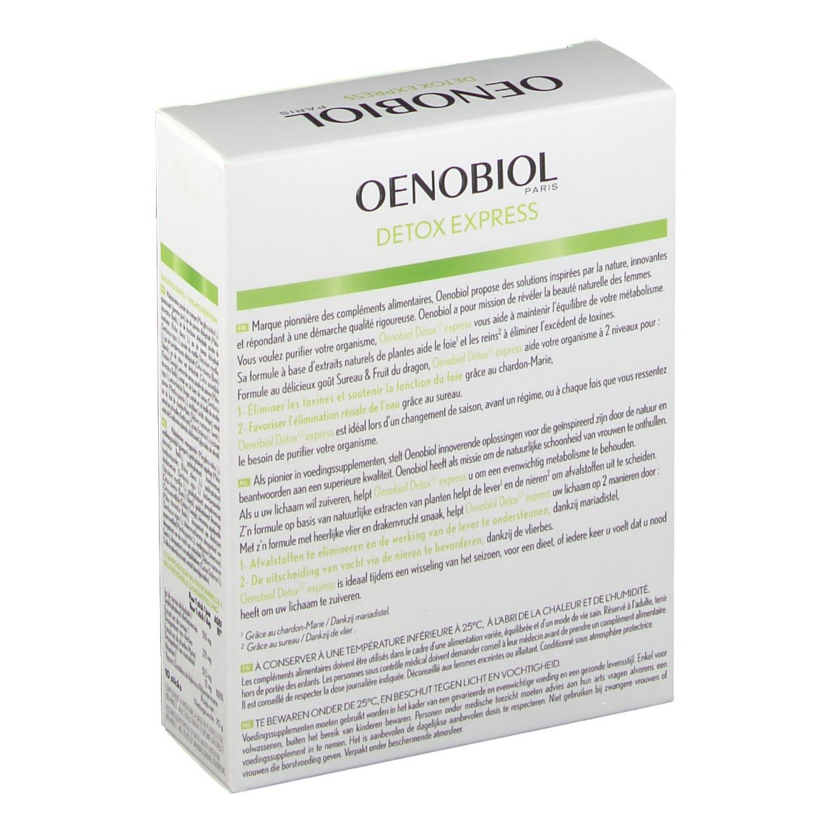 Confezione Oenobiol Detox Express. Scatola bianca con testo. Retro con informazioni sul prodotto e ingredienti. Dettagli verdi.