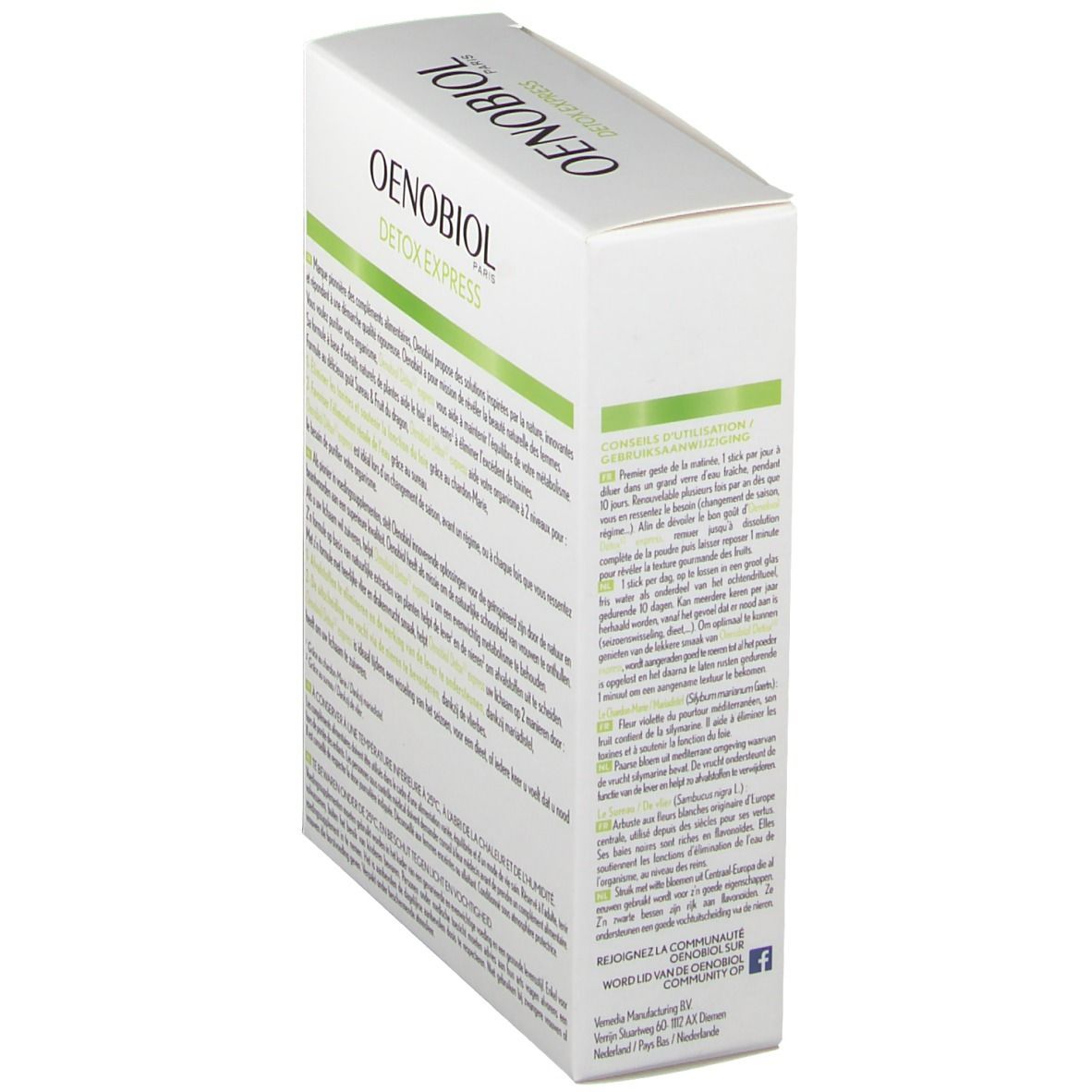 Confezione Oenobiol Detox Express. Scatola bianca con testo. Retro con informazioni sul prodotto. Dettagli verdi. Vista angolare.